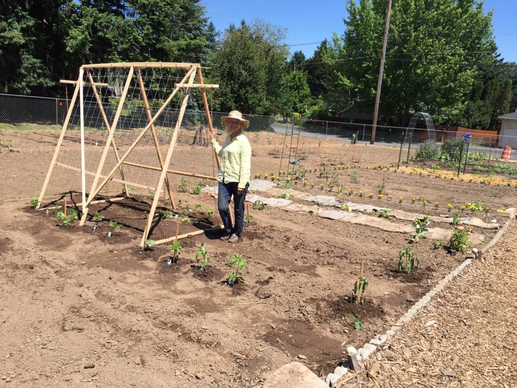 Stading beside the garden trellis I built