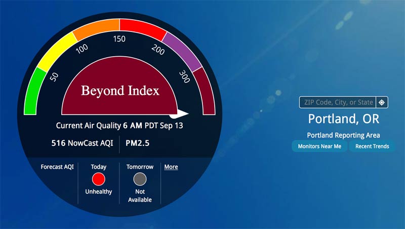 Portland Oregon Air Index - Sept. 13, 2020 - Hazardous